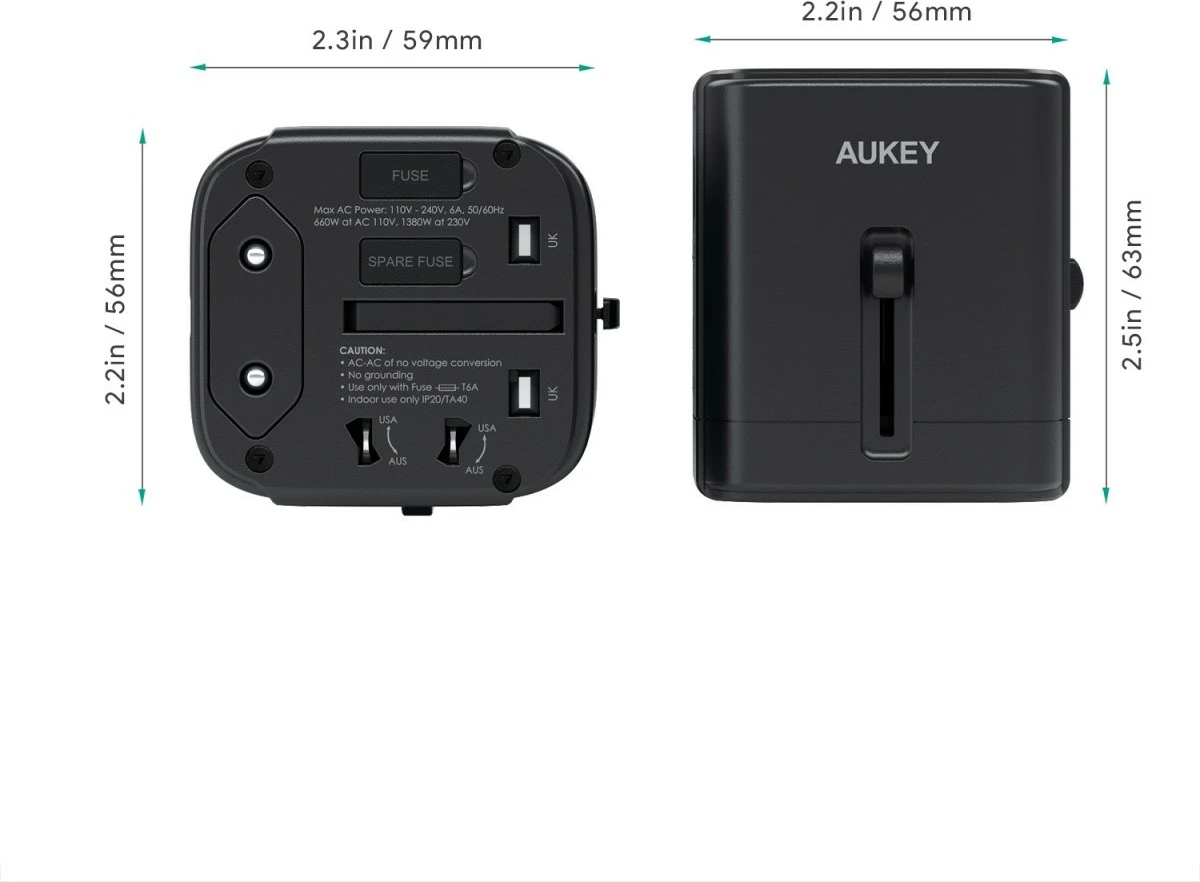 Universalni potovalni adapter, AUKEY PA-TA01, 2x USB-A + 1x USB-C, 7.8A, črn