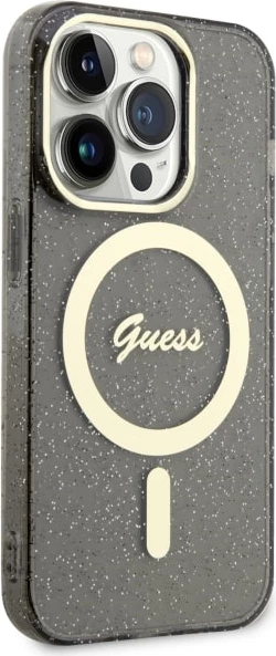 Zaščitni ovitek z bleščicami Guess GUHMP14LHCMCGK za iPhone 14 Pro 6,1", Glitter Gold MagSafe, črn