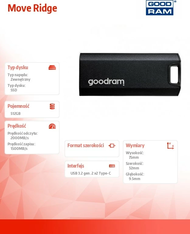 Zunanji SSD 512GB GOODRAM Move Ridge, USB 3.2, črn