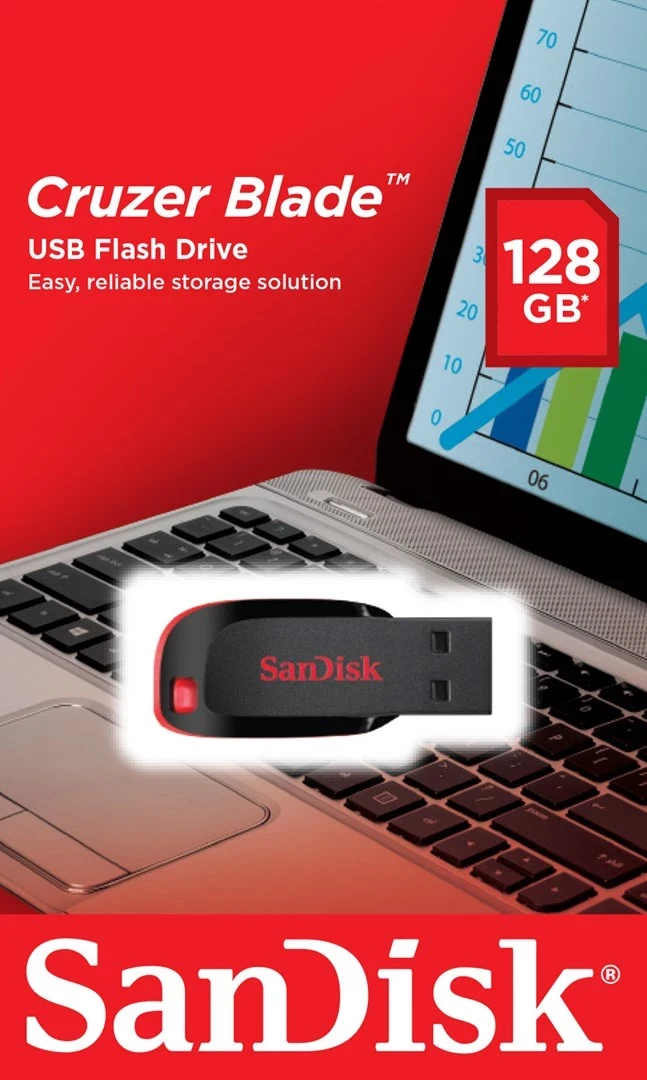 USB Sandisk Cruzer Blade, 128 GB, črn in rdeč