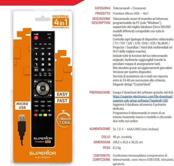 Univerzalni daljinski upravljalnik Superior Freedom Micro-USB 4 v 1