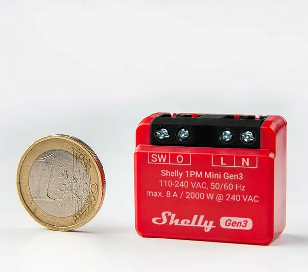 Pametni stikalnik Shelly 1PM Mini Gen3, brezžični, 1P, 20 dBmW, rdeč