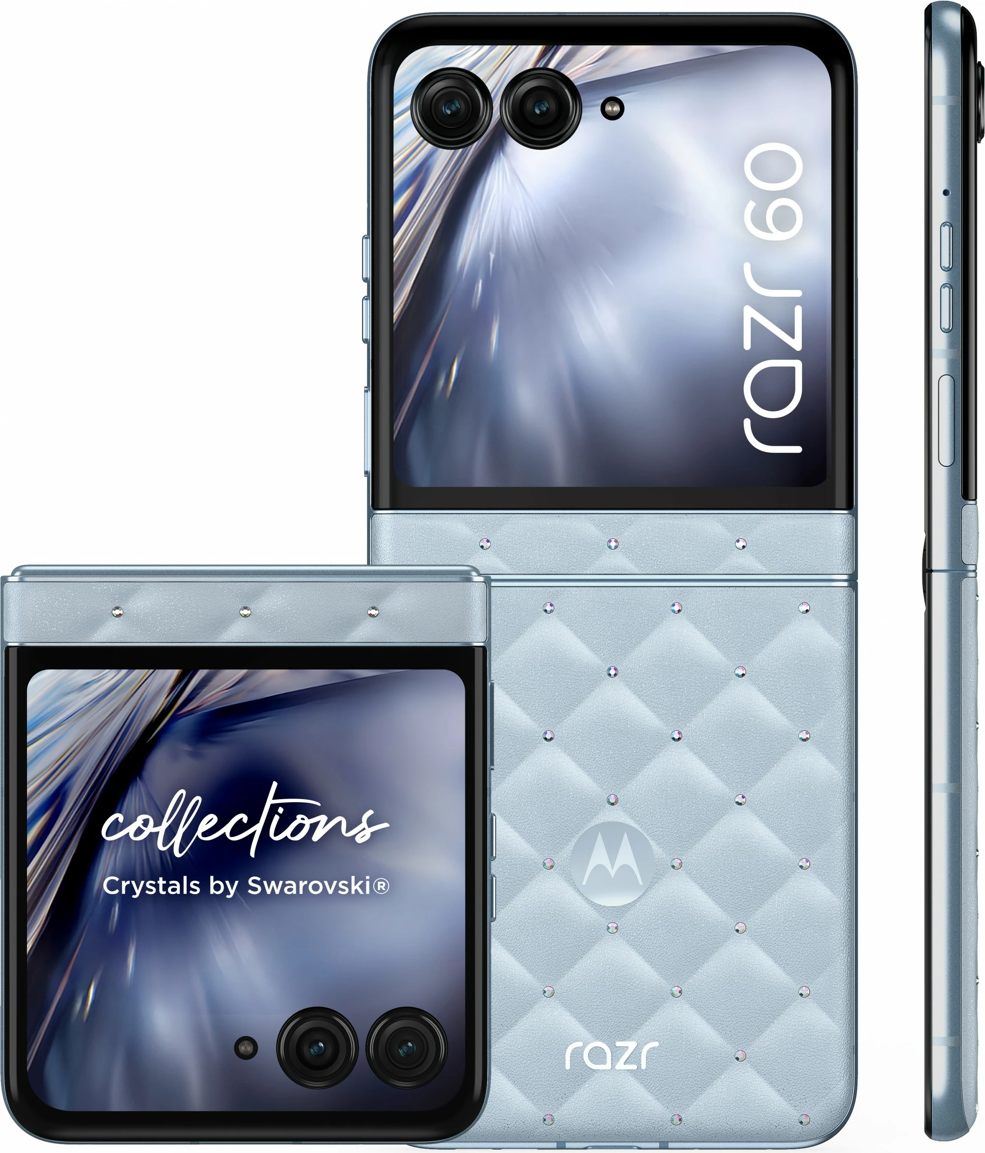 Zložljiv pametni telefon z luksuznim Swarovski dizajnom Motorola razr60 + slušalke Buds Loop, Swarovski Edition, moder