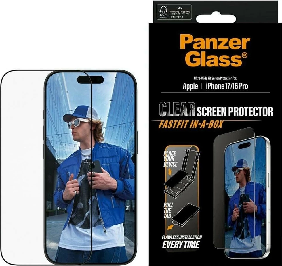 Zaščitno steklo Ultra-Wide Fit Fastfit za iPhone 16 Pro/17, PanzerGlass, prozorno