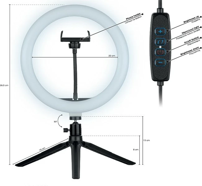 Obročna LED luč Tracer TRAOSW46747, 26 cm, USB, črna, z majhnim namiznim stojalom