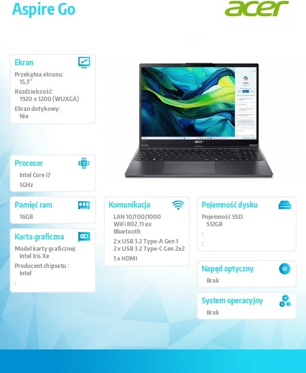 Prenosnik Aspire Go 15, i7-1355U, 15,3" WUXGA, 16GB RAM, 512GB SSD, brez OS — Acer AG15-51P-78K5, siv