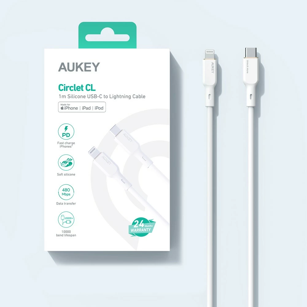 Kabel USB-C na Lightning, 1,8 m, silikon, bel — AUKEY CB-SCL2
