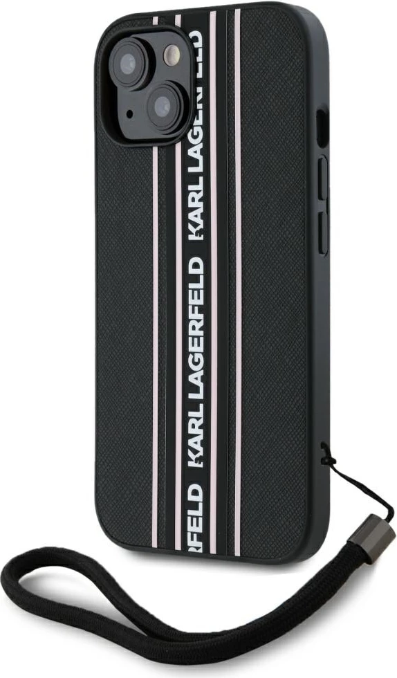 Ovitek za telefon Saffiano Athleisure Stripes Cord za iPhone 15, rožnat, Karl Lagerfeld