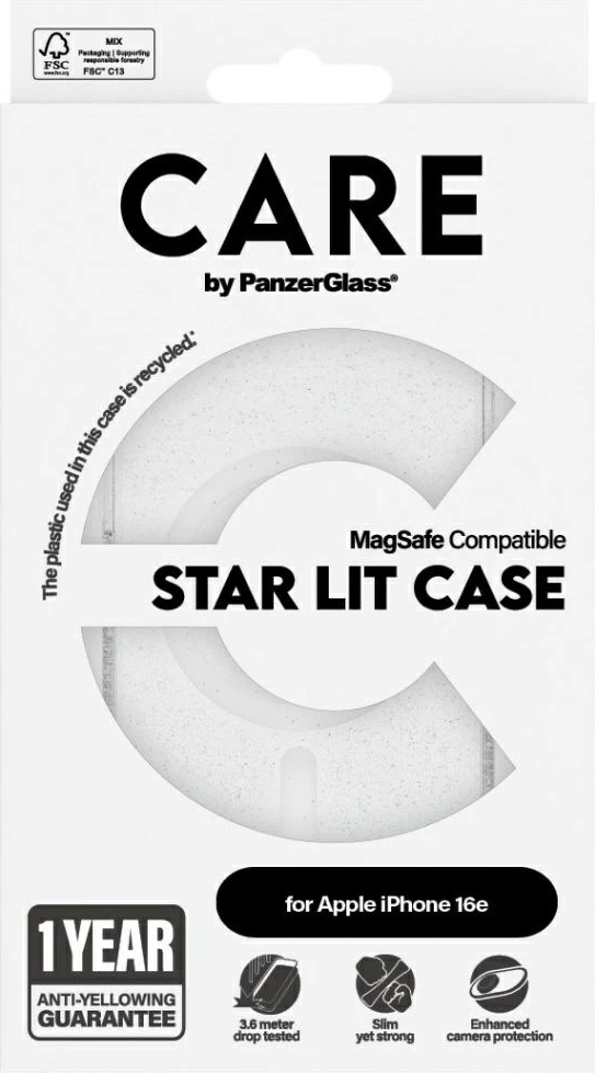 Prozoren zaščitni ovitek PanzerGlass CARE Flagship Urban Combat StarLight White MagSafe za iPhone 16e