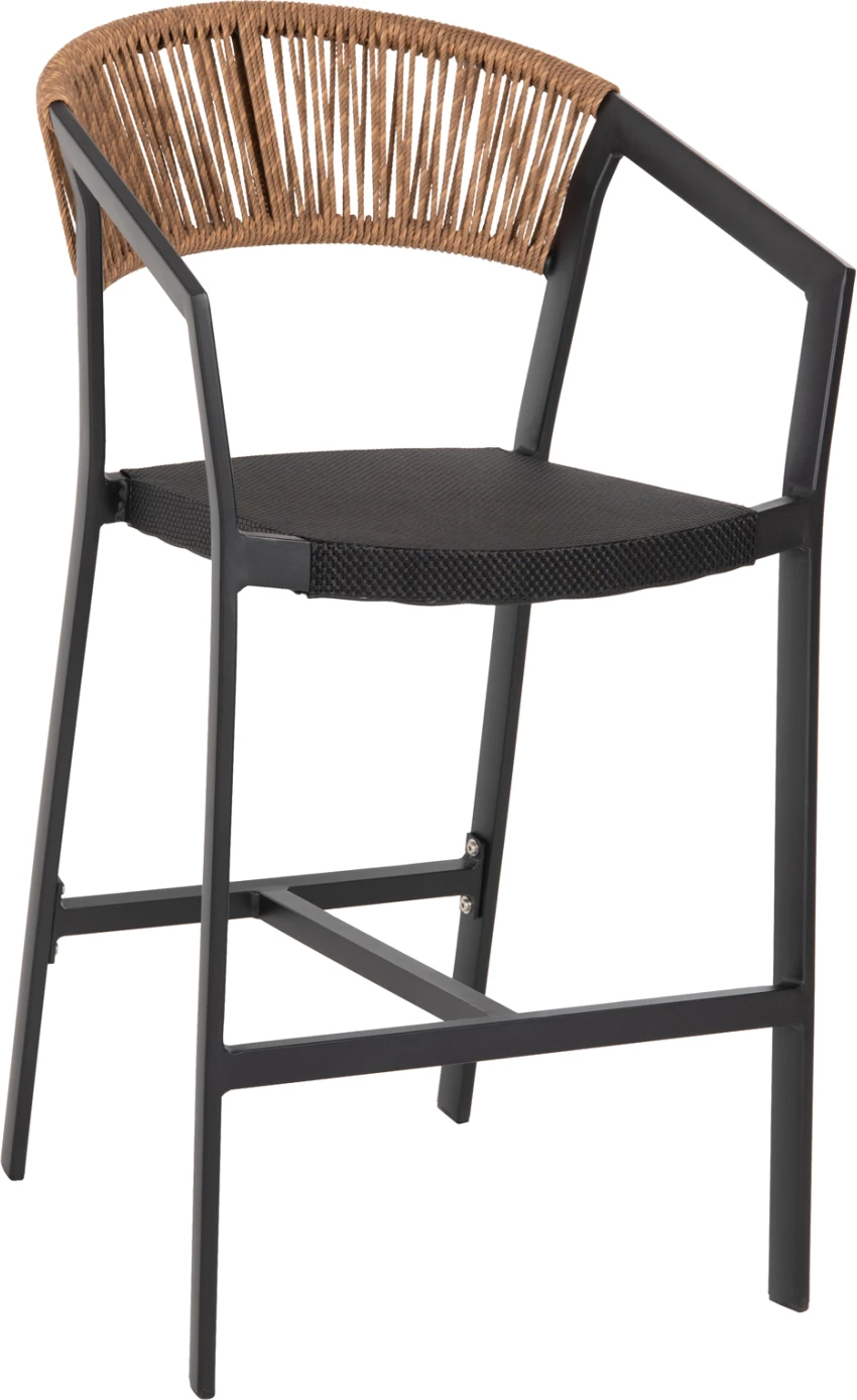 Barski stol iz aluminija črne barve FH5892.15 srednje višine črna tekstilna tkanina in bež ratan 56,5x57x99,5 cm