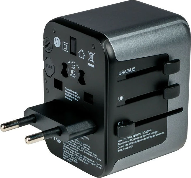 Potovalni adapter Verbatim UTA-03, 30W PD, 3x USB-C, 2x USB-A, črno/siv