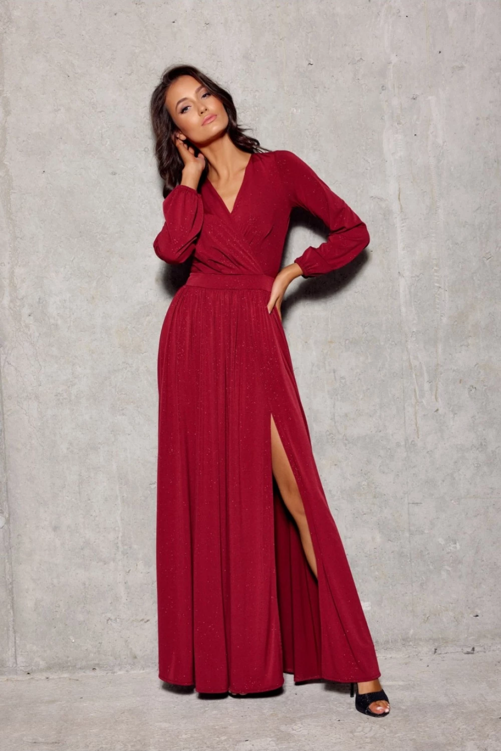 Maxi brokaten večerni ženski kroj, Roco Fashion 186671, rdeč