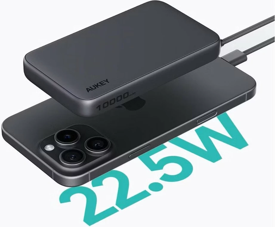 Power bank 10000 mAh, 22.5W, 4×USB, z vgrajenim kablom USB-C, AUKEY Spark Sling PB-Y53P, črn Power bank 10000 mAh, 22.5W, 4×USB, z vgrajenim kablom USB-C, AUKEY Spark Sling PB-Y53P, črn