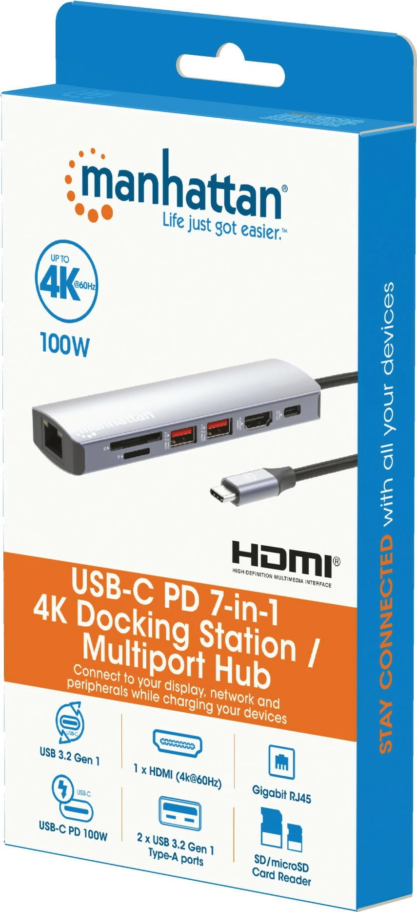 Docking postaja 7-v-1 MANHATTAN, USB-C, 1x HDMI, 2x USB 10 Gb/s, srebrna