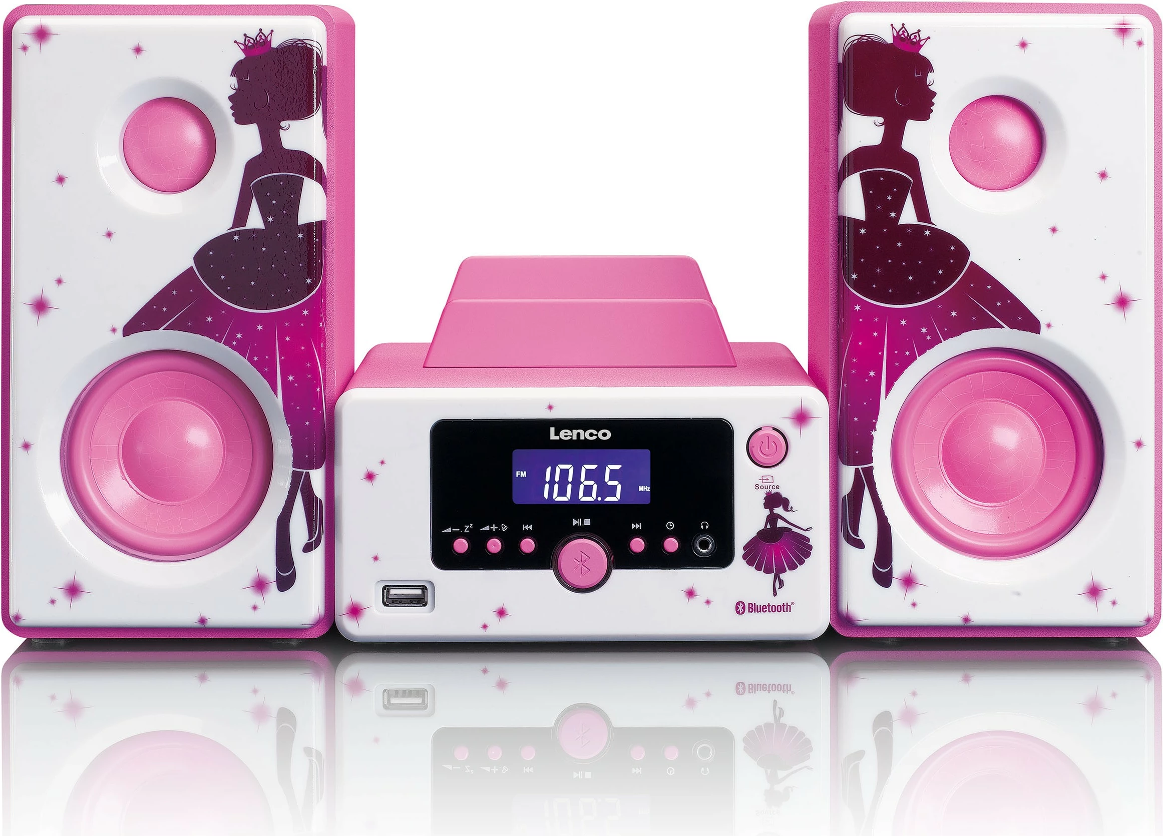 Zvočniki Lenco MC-020 Princess, Bluetooth, USB, 10W, roza/bela Zvočniki Lenco MC-020 Princess, Bluetooth, USB, 10W, roza/bela