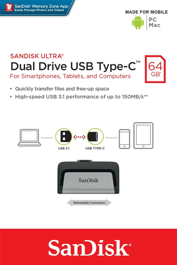 Pendrive Ultra Dual Drive 64GB, SanDisk, USB 3.1, Type-C, črn/kovinski Pendrive Ultra Dual Drive 64GB, SanDisk, USB 3.1, Type-C, črn/kovinski