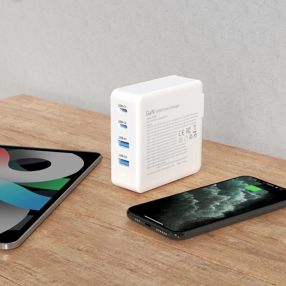 Stenski polnilec GaN 100 W, 2x USB-C, 2x USB-A, Dudao A100EU, bel