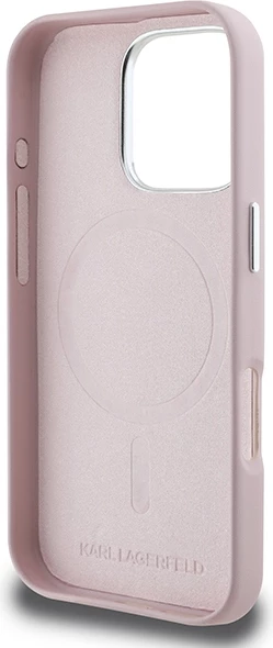 Ovitek z aluminijasto ploščico MagSafe, Karl Lagerfeld FW za iPhone 16 Pro, rožnat