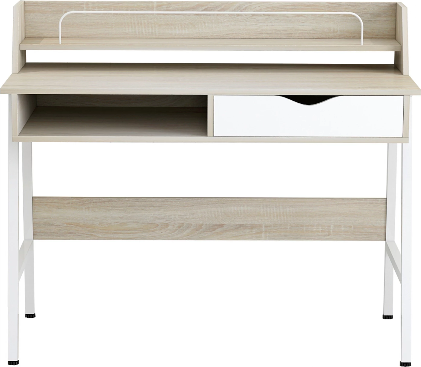 Pisarnaška miza FH2129.01 iz melamina v sonoma in beli barvi z belim kovinskim okvirjem 104Χ48Χ89Hcm