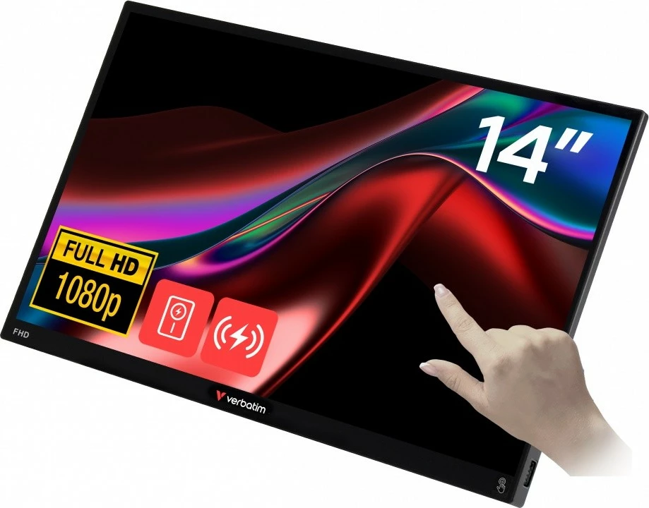 Prenosni zaslon na dotik 14" FHD IPS, Verbatim GMVE32088PLG Light, 60 Hz, 10-točkovni dotik, 2x USB-C + HDMI, vgrajeni zvočniki, z power bank 5000 mAh, črn