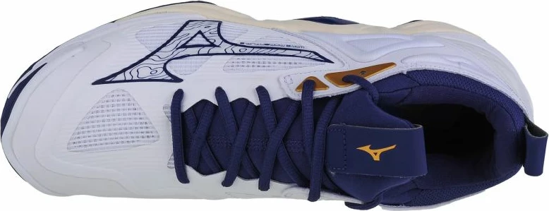 Volejbolske atlete Mizuno Wave Momentum 3, bele z globokomodrimi