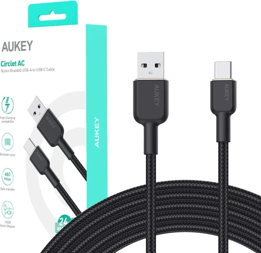 Napenjalni kabel USB-C 60W 3A, 1,8 m, najlon, črn - AUKEY CB-NAC2