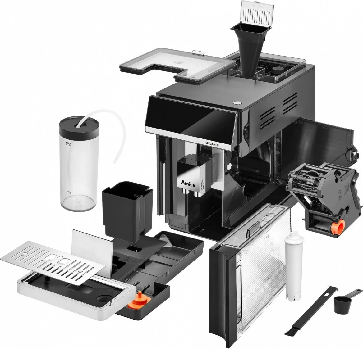 Aparat za espresso, 15 bar, 1725 W, jekleni mlinček 5 stopenj, rezervoar za vodo 1,8 L, zbiralnik za kavo 250 g, mlečni sistem, črn, Amica Elegance CM 7011