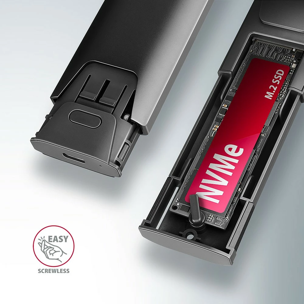 Zunanje računalniško ohišje za SSD M.2 NVMe in SATA, USB-C 3.2 Gen 2, črno - AXAGON EEM2-GTS2 Zunanje računalniško ohišje za SSD M.2 NVMe in SATA, USB-C 3.2 Gen 2, črno - AXAGON EEM2-GTS2