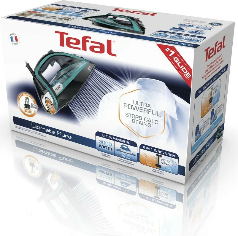 Parno likalnik Ultimate Pure Tefal FV9844, 3200 W, 0,35 L, črn/moder