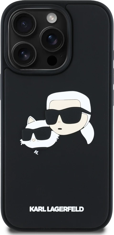 Ovitek z 3D motivom Karl Lagerfeld z dvojno glavo za iPhone 16 Pro Max, črn