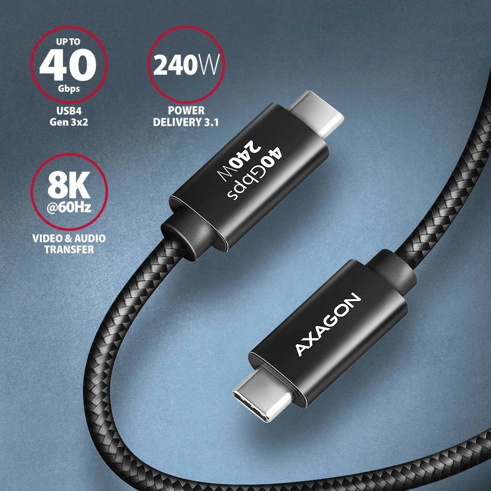 USB-C na USB-C kabel AXAGON BUCM4X-CM10AB, 1 m, USB4 Gen 3x2, 240W, 8K, črn USB-C na USB-C kabel AXAGON BUCM4X-CM10AB, 1 m, USB4 Gen 3x2, 240W, 8K, črn