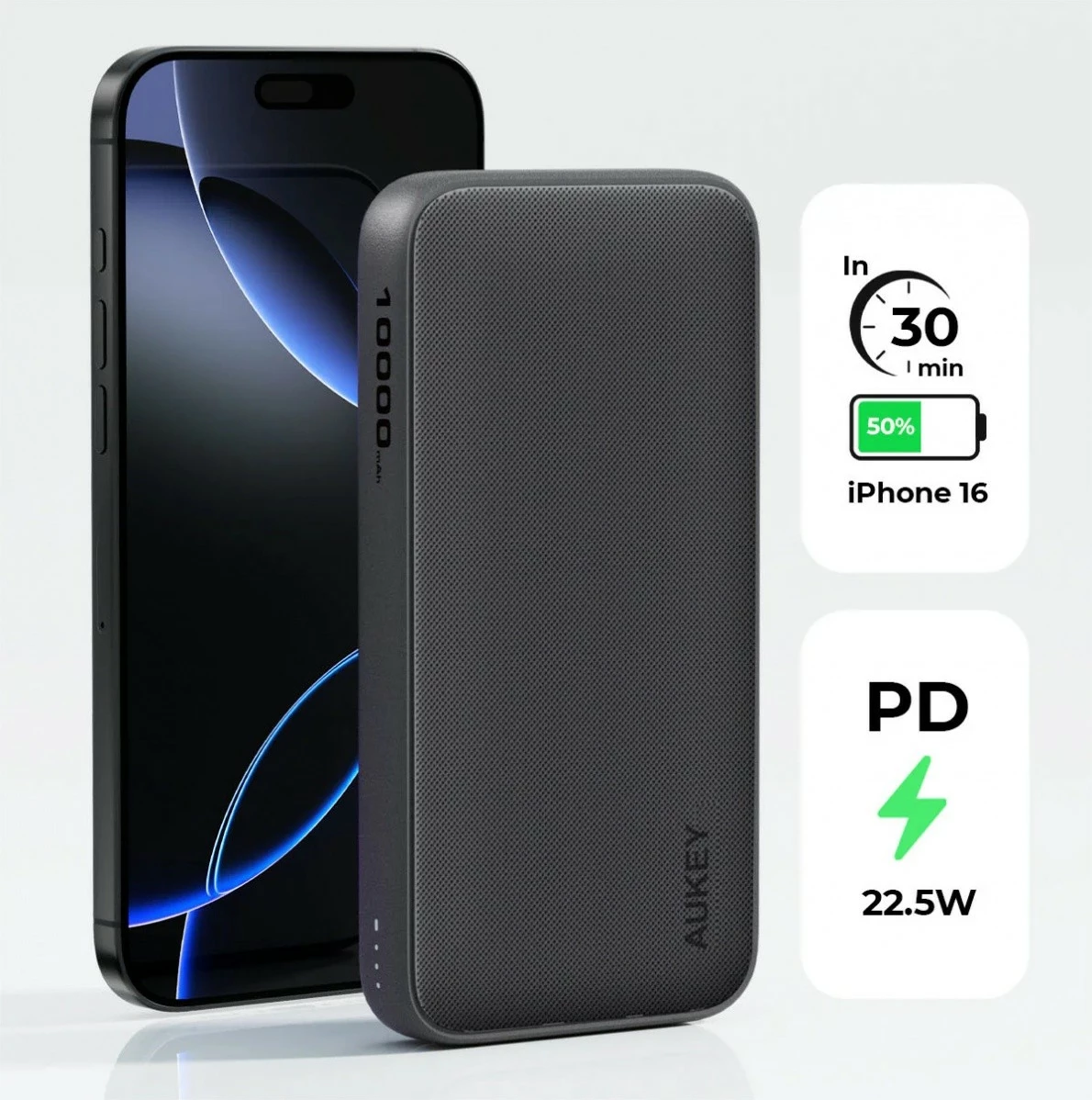 Powerbank AUKEY PB-Y46P Spark Go, 10000 mAh, 22,5 W, 2×USB, USB-C kabel, črn