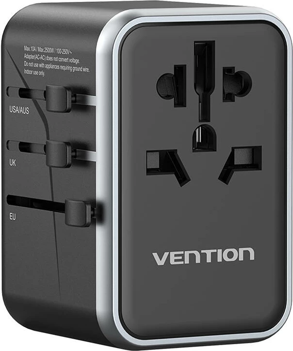 Univerzalni potovalni adapter Vention FJFB0, 2x USB-C, 2x USB-A, 65 W, črn