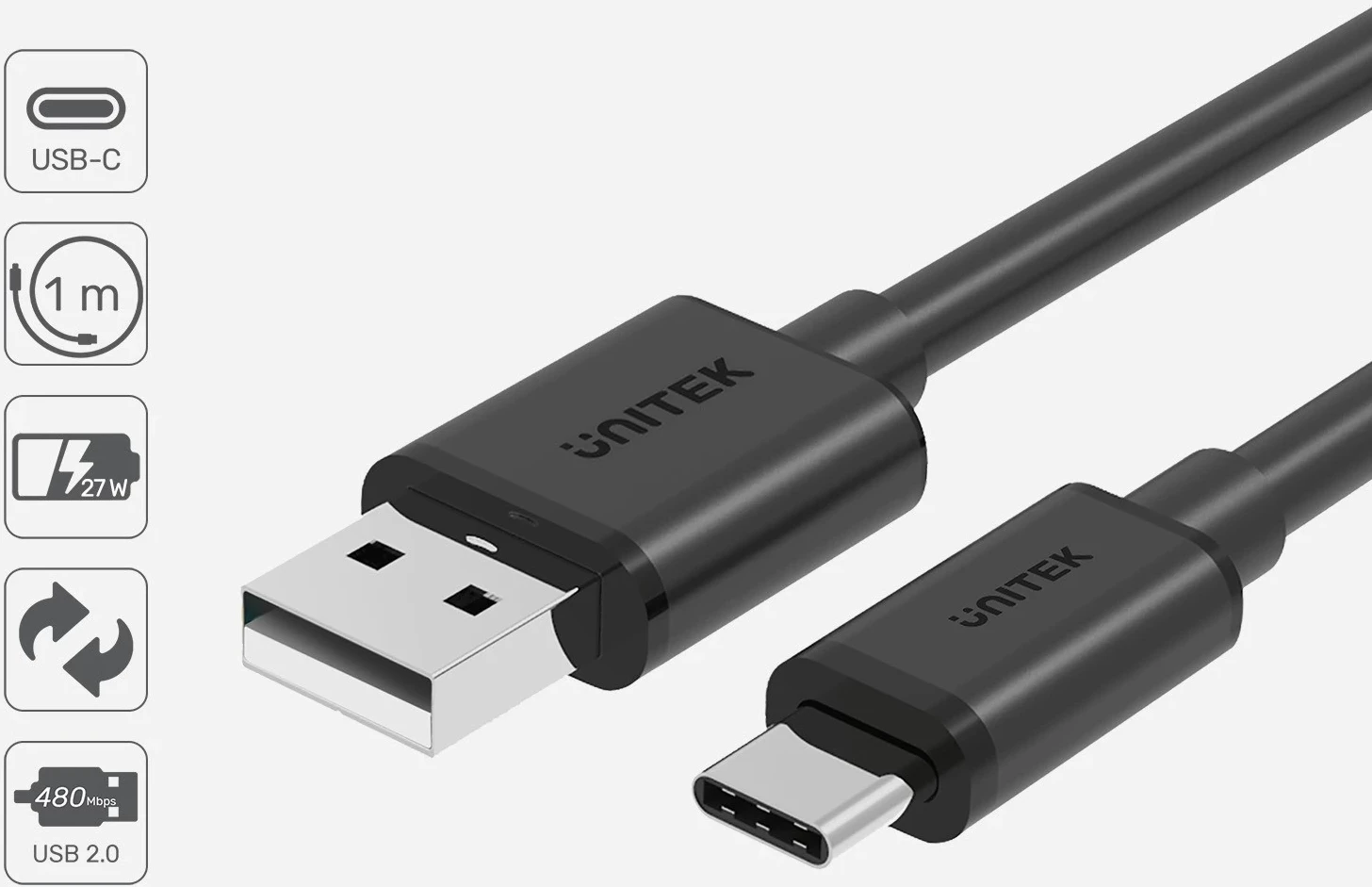 USB-A na USB-C kabel 2.0, 480 Mbps, 1 m, črn Unitek
