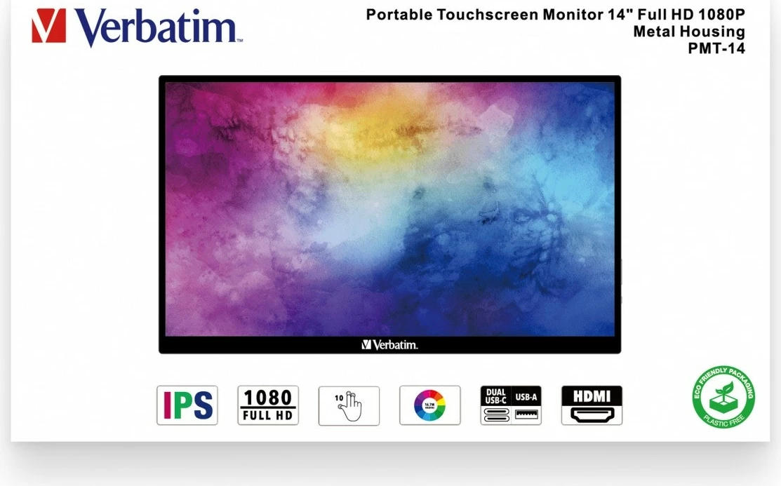 Prenosni zaslon na dotik Verbatim PMT-14, 14" Full HD IPS, 10-točkovni, vgrajeni zvočniki, USB‑C/HDMI, črn
