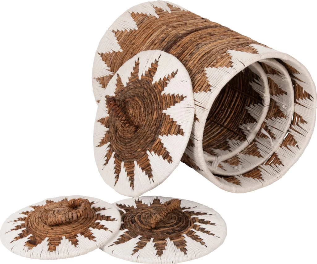 Okrogli košari s pokrovom 3 kosi FH4306 iz rogoza v naravni-beli barvi Φ42x63Hcm
