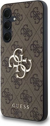 Ovitek z velikim metalnim logotipom 4G Guess za Samsung Galaxy A35, rjav