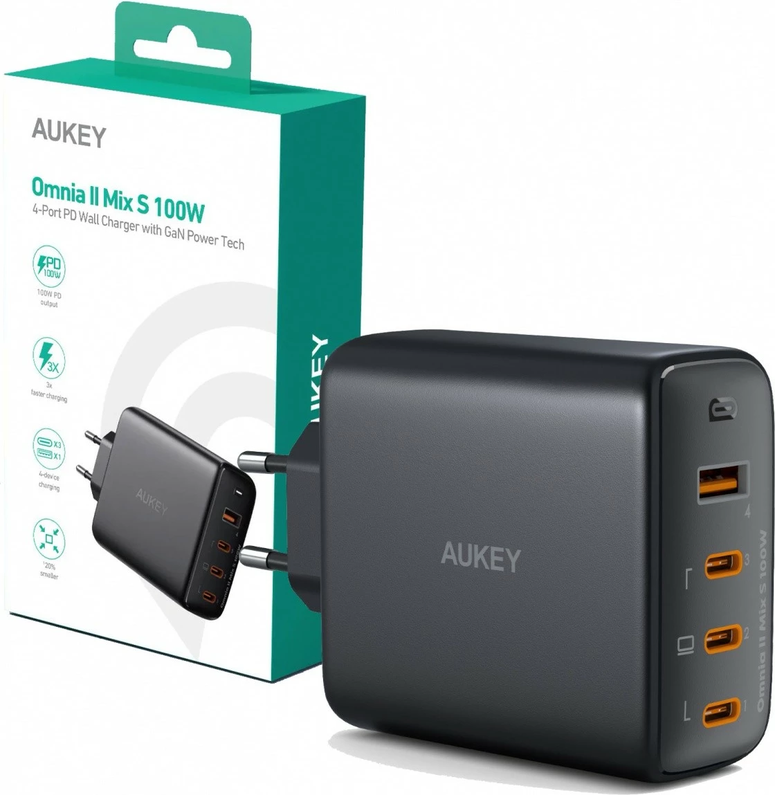 Stenski polnilec AUKEY Omnia II PA-B7S, 100 W, 4×USB (3×USB-C + 1×USB-A), črn