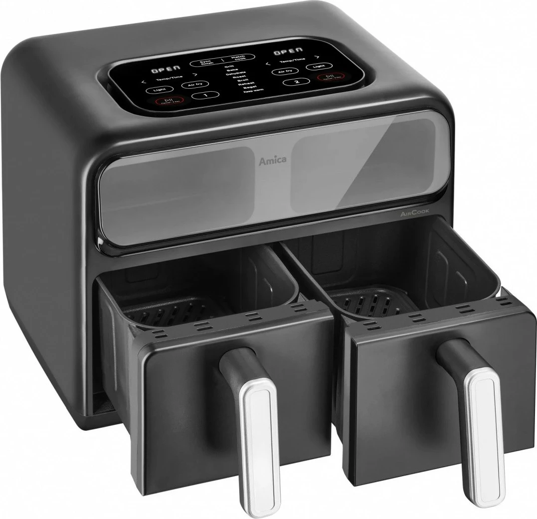 Friteza na vroč zrak z dvema komorama Amica AFM 7020, 8 L, 2400 W, zaslon na dotik, opazovalno okno, črna