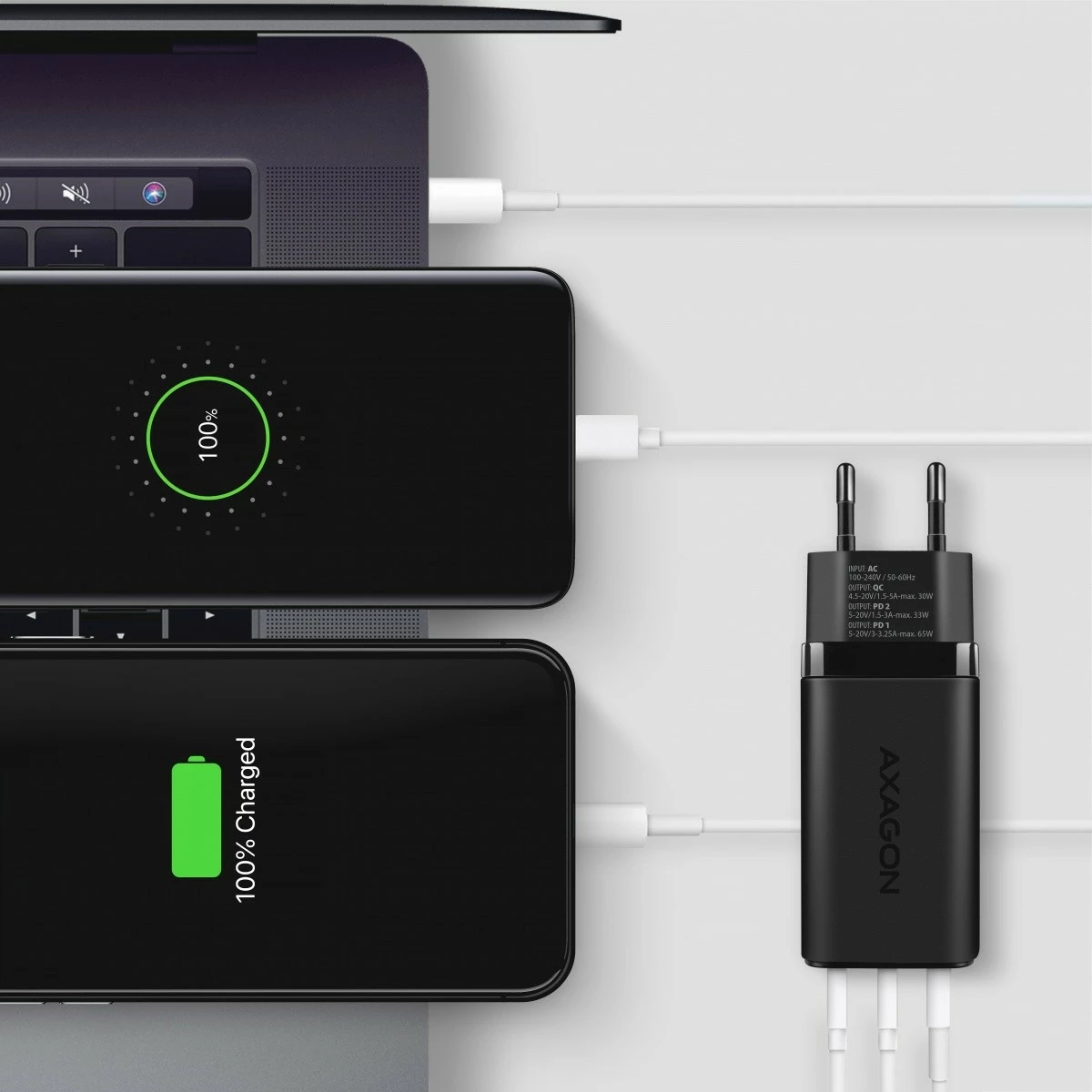 GaN polnilec AXAGON ACU-DPQ65, 65W, 3 vhodi (USB-A + 2× USB-C), črn GaN polnilec AXAGON ACU-DPQ65, 65W, 3 vhodi (USB-A + 2× USB-C), črn