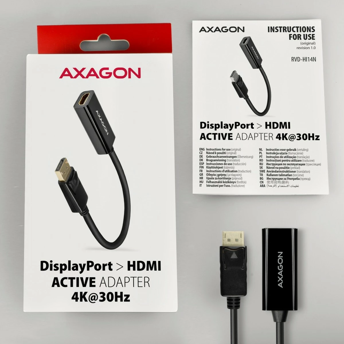 Aktivni adapter DisplayPort na HDMI AXAGON RVD-HI14N, 4K/30Hz, 18 cm, črn Aktivni adapter DisplayPort na HDMI AXAGON RVD-HI14N, 4K/30Hz, 18 cm, črn