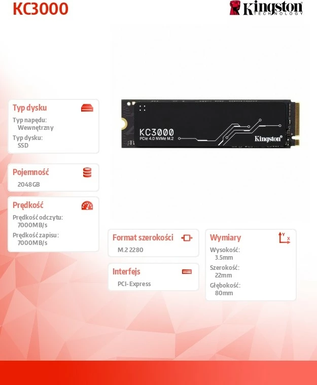 SSD 2048 GB PCIe 4.0 NVMe M.2 2280 Kingston KC3000