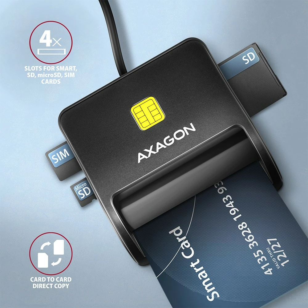 Bralnik kartic, USB 2.0, za pametno kartico/SD/microSD/SIM, črn AXAGON CRE-SM3SD Bralnik kartic, USB 2.0, za pametno kartico/SD/microSD/SIM, črn AXAGON CRE-SM3SD