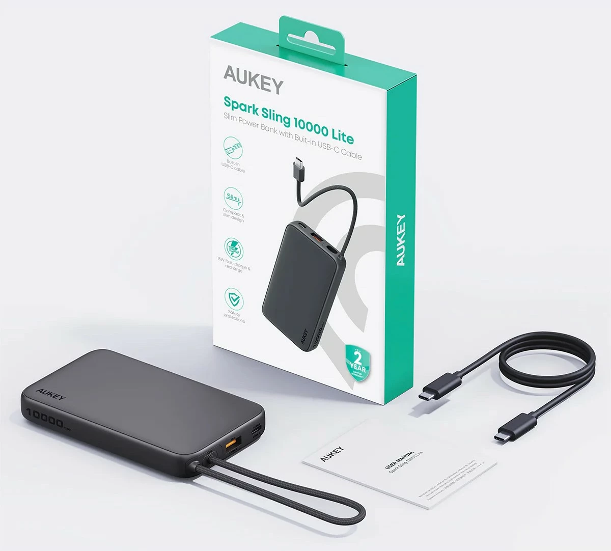 Power bank 10000 mAh, 22.5W, 4×USB, z vgrajenim kablom USB-C, AUKEY Spark Sling PB-Y53P, črn Power bank 10000 mAh, 22.5W, 4×USB, z vgrajenim kablom USB-C, AUKEY Spark Sling PB-Y53P, črn
