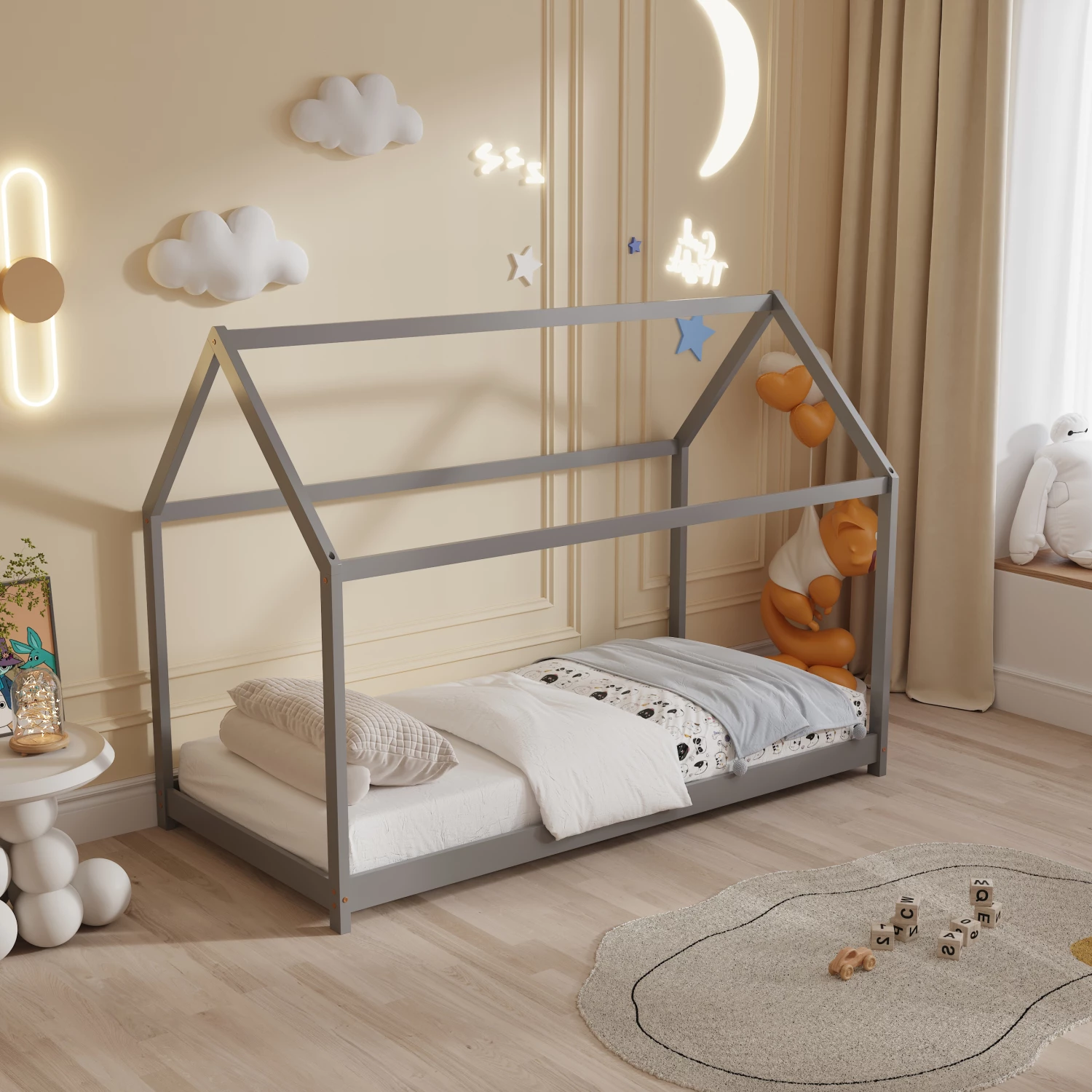 Postelja za otroke PEPE FH678.05 t.MONTESSORI iz masivnega borovega lesa v sivi barvi - 140x70cm