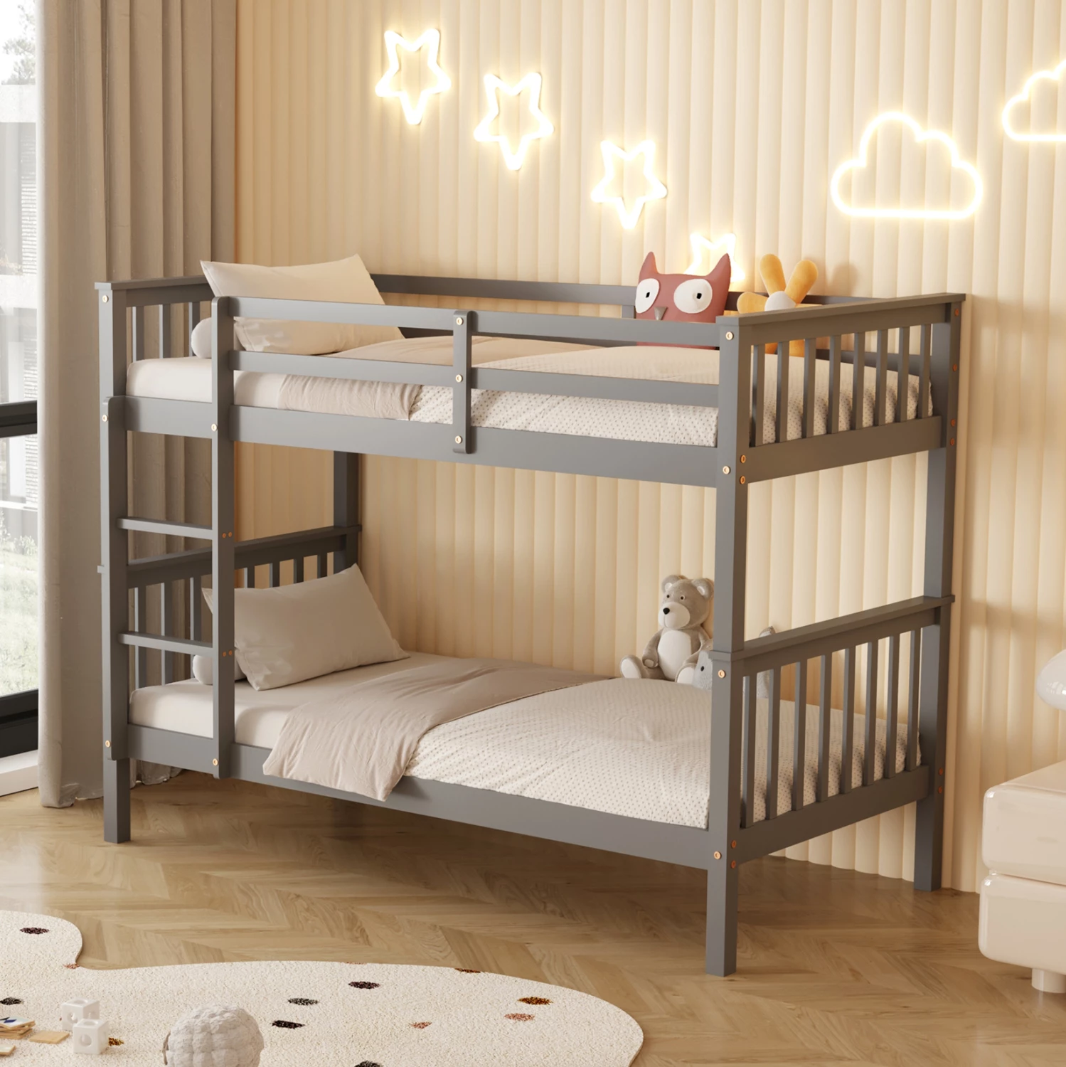 Pograd za otroke LANTAI FH682.05 iz borovega lesa v sivi barvi - vzmetnice 190x90 cm