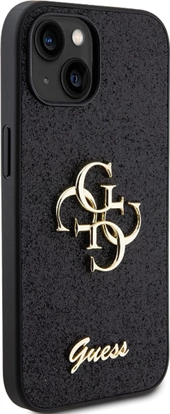 Ovitek za telefon s bleščicami, Guess Glitter Script Big 4G za iPhone 15, črn