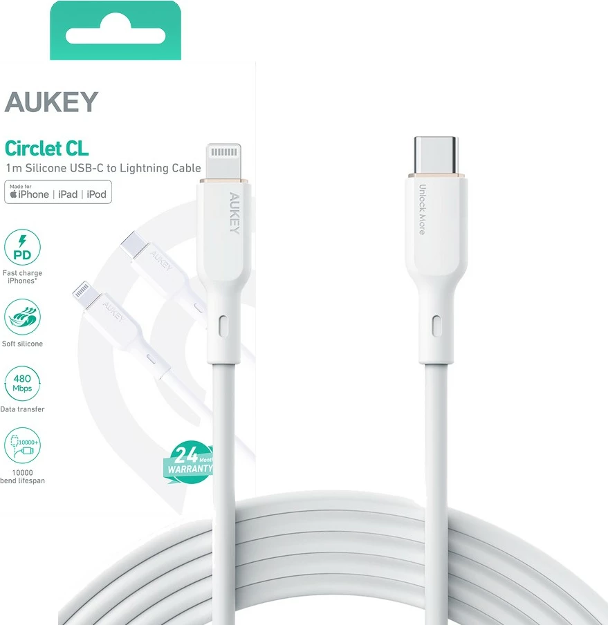 Kabel USB-C na Lightning, 1,8 m, silikon, bel — AUKEY CB-SCL2