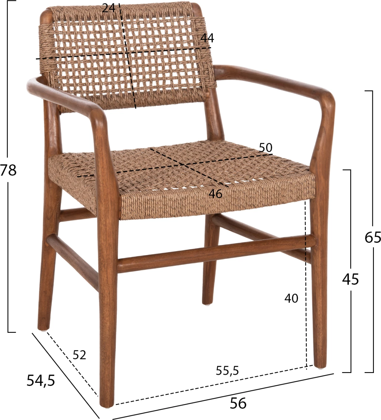 Jedilniški naslanjač ROSCO FH6132.01 iz tikovine v barvi oreha-VIRO vrv v rjavi 56x54,5x78Hcm