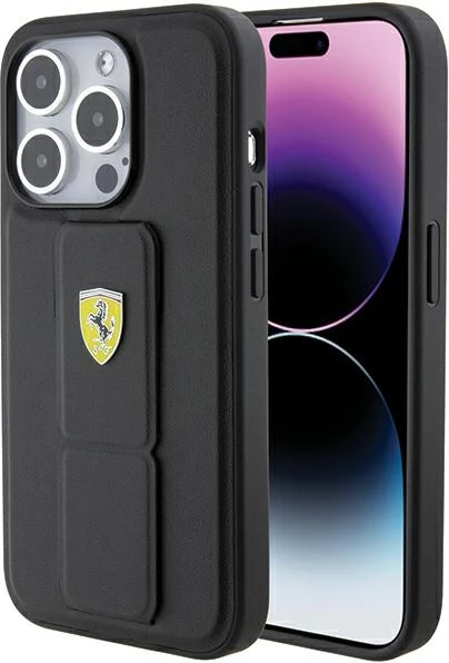 Ovitek za telefon Grip Stand z metalnim logotipom Ferrari za iPhone 15 Pro Max, črn